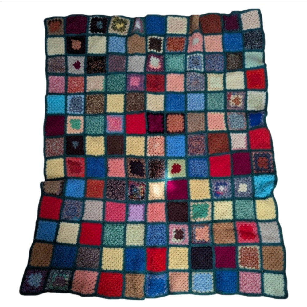 VINTAGE Handmade Granny Square Afghan Multicolored Knit Rectangular Blanklet
